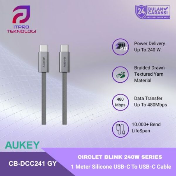 AUKEY Kabel Charger C To C 240W Super Fast Charging Silicone Material 1 Meter CB-SCC241 - 1 Meter