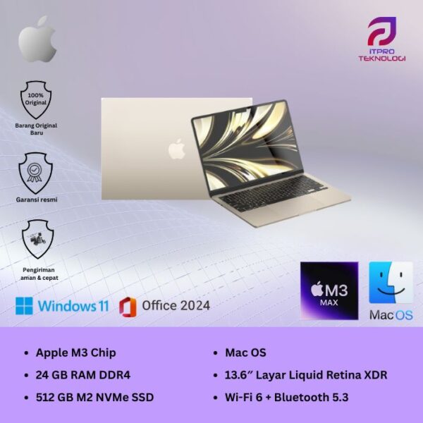 MacBook Air M3 (MC8N4ID/A) Starlight, 13 Inch, 8 core CPU, 10 core GPU, 24GB, 512GB SSD, 13.6″ IPS, MacOS