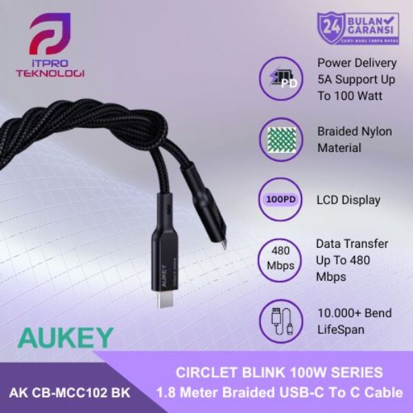 AUKEY Kabel Charger Type C To C AK CB-MCC102 BK Black LED Display 1.8M 5A