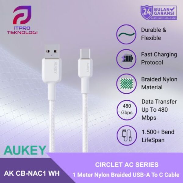 AUKEY Kabel Charger Type C Braided Nylon USB-A to USB-C 1 M AK CB-NAC1 WH