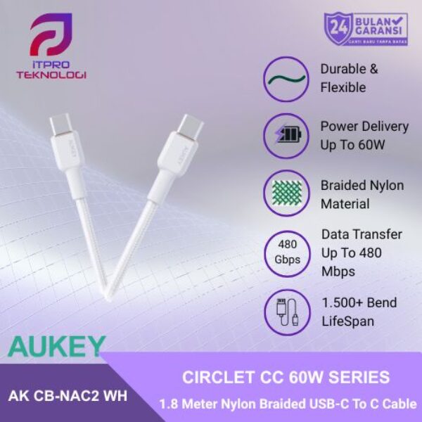 AUKEY Kabel Charger USB-C to USB-C Fast Charging 3A Up To 60W Braided Nylon 1.8M CB-NCC2