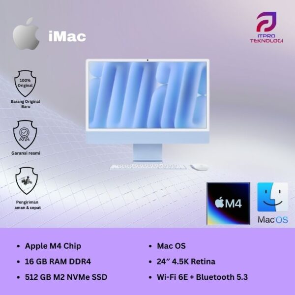 iMac (MWUV3ID/A) Blue, 24-inch with Retina 4.5K display, M4, 10-core CPU, 10-core GPU, 16GB, 512GB SSD