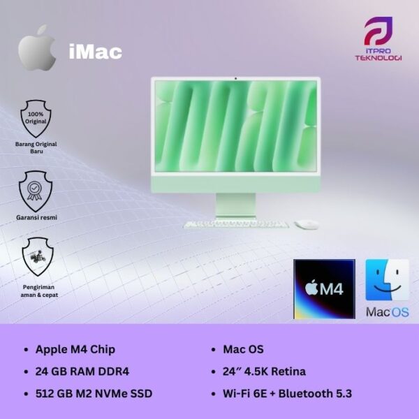 iMac (MCR24ID/A) Green, 24-inch with Retina 4.5K display, M4, 10-core CPU, 10-core GPU, 24GB, 512GB SSD