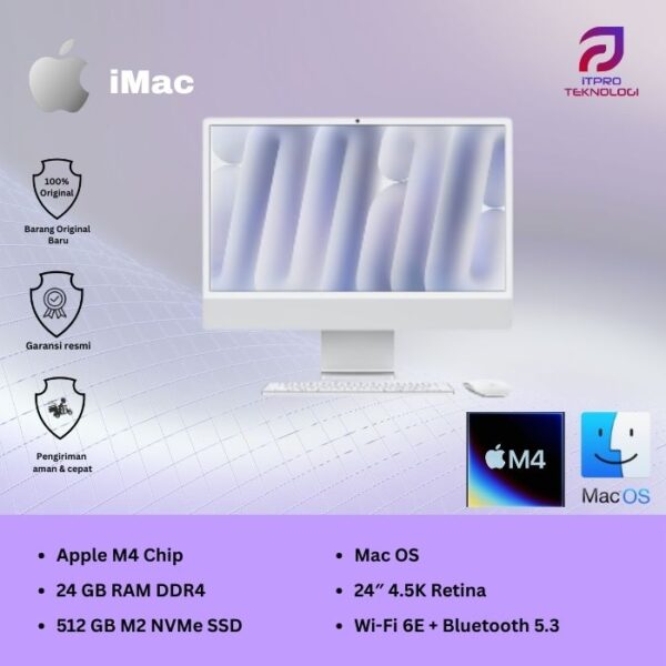 iMac (MCR24ID/A) Silver, 24-inch with Retina 4.5K display, M4, 10-core CPU, 10-core GPU, 24GB, 512GB SSD