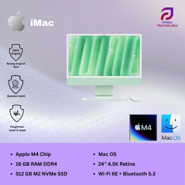 iMac (MWUV3ID/A) Green, 24-inch with Retina 4.5K display, M4, 10-core CPU, 10-core GPU, 16GB, 512GB SSD