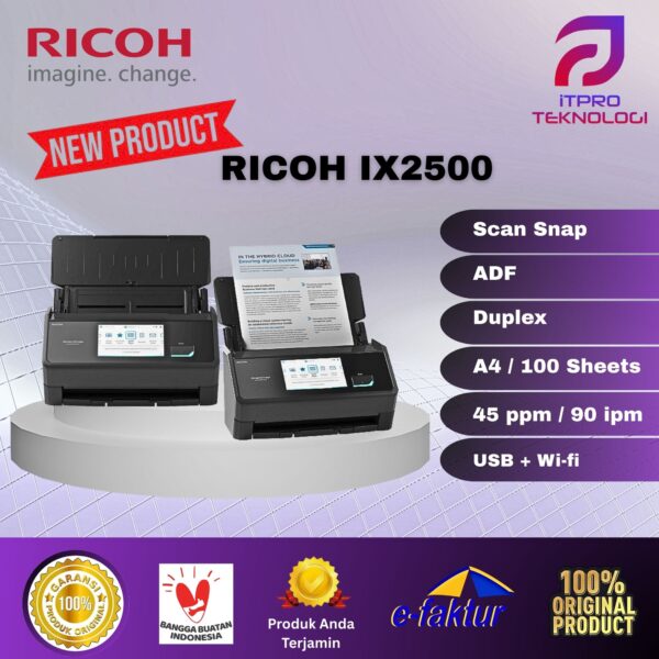 Scanner TKDN Ricoh ScanSnap ix2500 / ix-2500 ADF, Duplex, 45ppm/90ipm, Wi-Fi, USB 3 Tahun